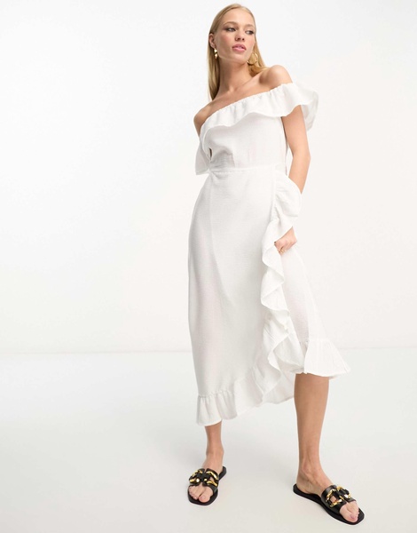 River Island textured bardot frill midi dress in white