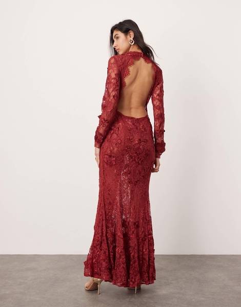 ASOS EDITION embroidered floral long sleeve lace open back maxi dress in burgundy