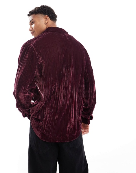 ASOS DESIGN boxy oversized shirt in crinkle velvet in burgundy