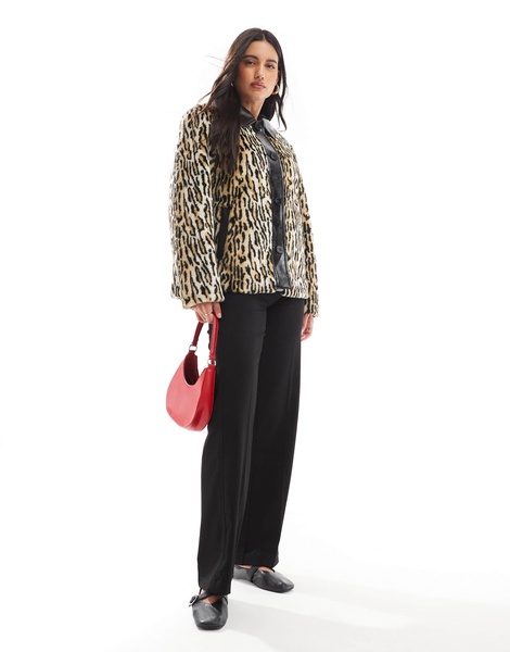 ASOS DESIGN leather collar faux fur jacket in leopard