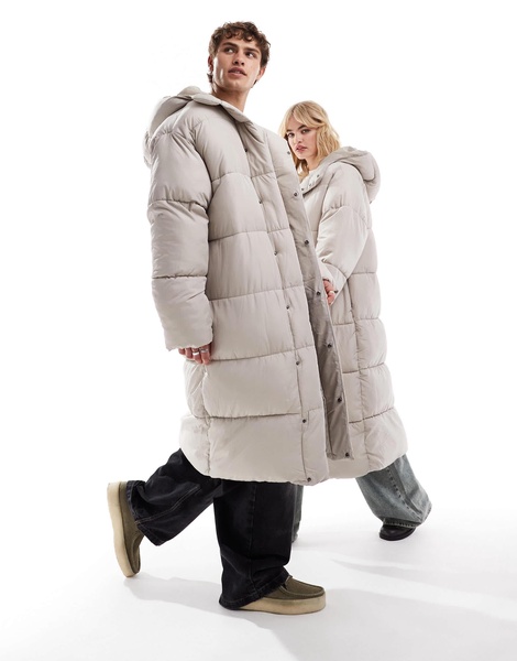 COLLUSION Unisex maxi puffer jacket with hood in stone