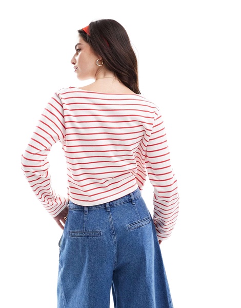 Cotton On long sleeve boat neck crop top in red stripe