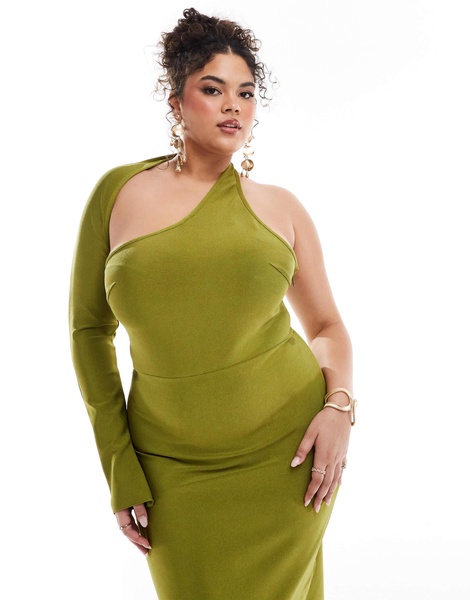 ASOS DESIGN Curve bandage wraparound neckline one sleeve midi dress in green