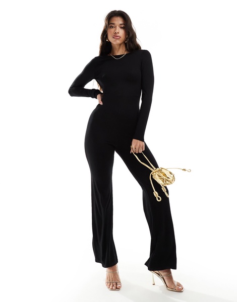 ASOS DESIGN long sleeve flared leg jumpsuit with open back and strap detail in black