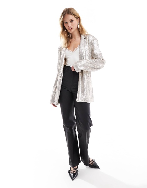 ASOS DESIGN sequin tie waist blazer in cream