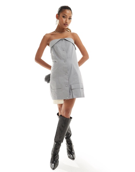 Simmi bandeau button through utility exposed pocket detail mini dress in gray