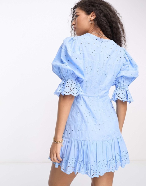 French Connection cut out mini dress in baby blue eyelet