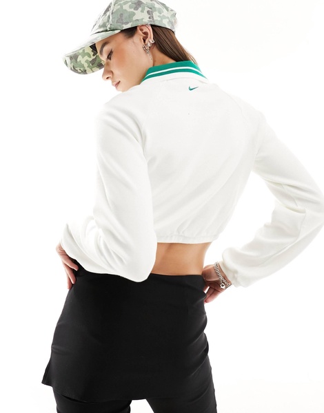 Nike cropped long sleeved polo top in white and green