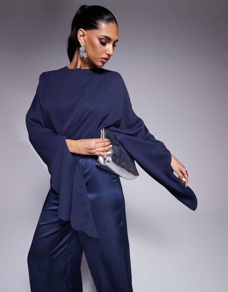 ASOS DESIGN chiffon satin mix wide leg jumpsuit with exaggerated sleeves in steel blue