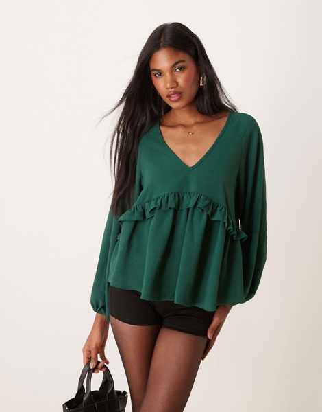 ASOS DESIGN V neck smock top with ruffle in green