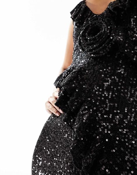 River Island corsage detail sequin maxi dress in black