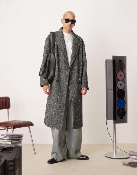 ASOS DESIGN oversized wool look overcoat in black salt and pepper