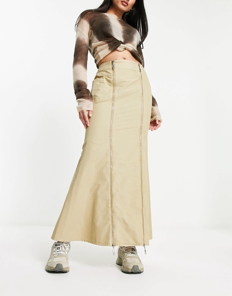 COLLUSION fishtail detail cargo maxi skirt in neutral