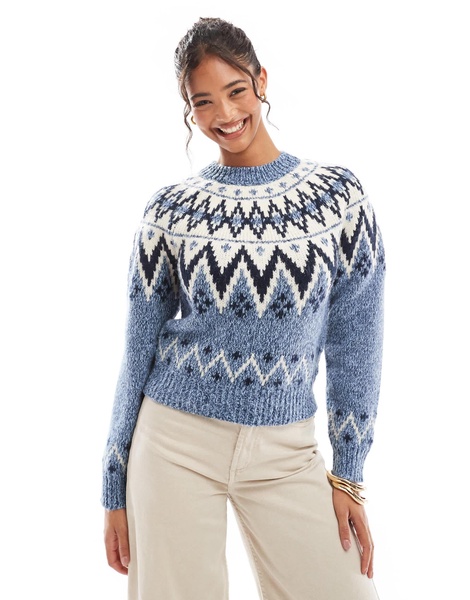 Bershka chunky Fairisle sweater in navy