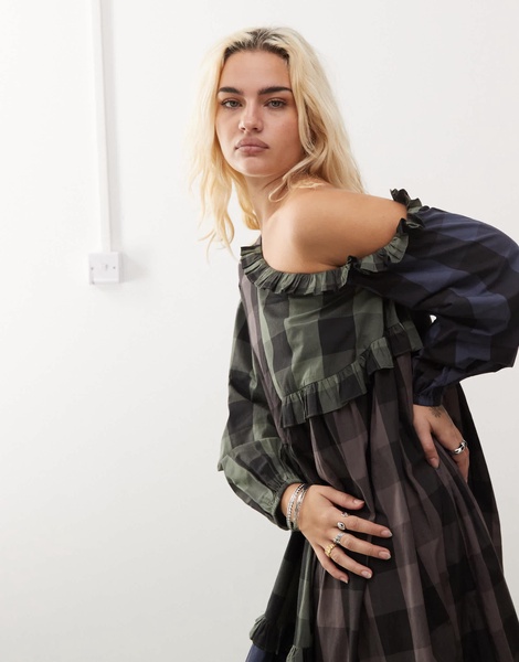 COLLUSION midi smock dress in cut about mixed check