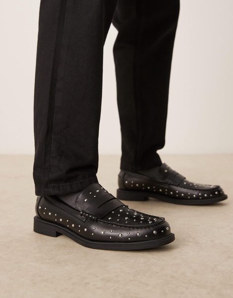 ASOS DESIGN penny loafers in black with silver hardware