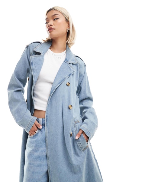 Brave Soul denim trench coat in blue bleach wash