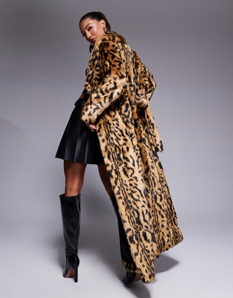 River Island maxi faux fur coat in leopard print