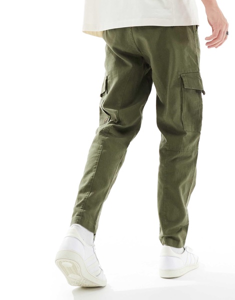 Only & Sons linen mix tapered cargo pants in olive