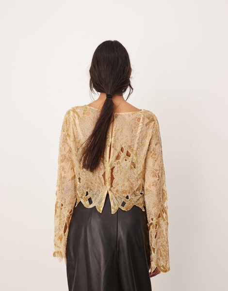 ASOS EDITION cut work nouveau floral embellished long sleeve top in gold