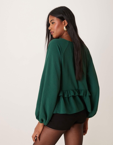 ASOS DESIGN V neck smock top with ruffle in green