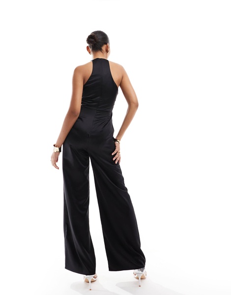 ASOS DESIGN satin racer wide leg jumpsuit in black