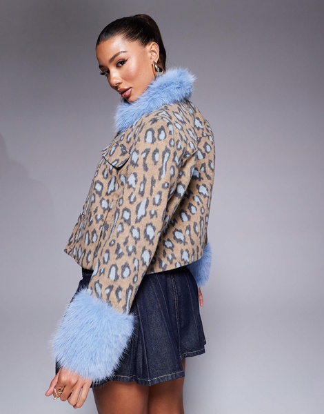 River Island wool jacket with faux fur detail in leopard print