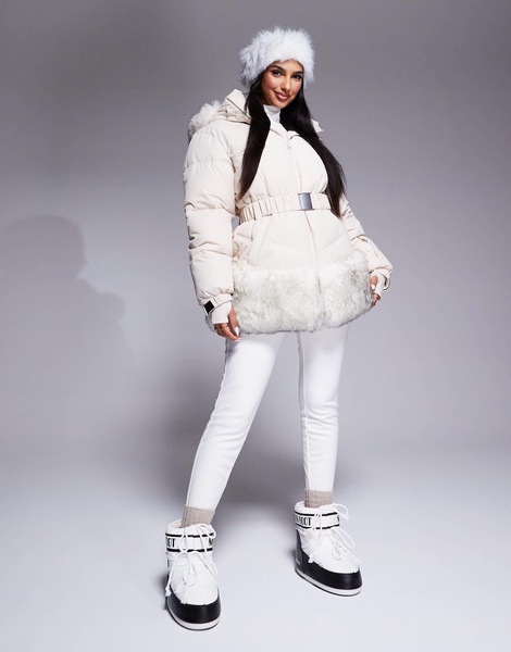 ASOS 4505 Ski belted puffer ski jacket with faux fur trim in cream