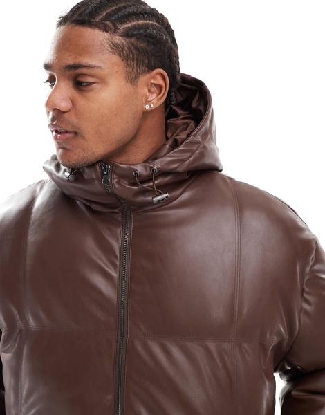 ASOS DESIGN faux leather puffer jacket with hood in brown