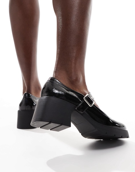 ASOS DESIGN Wide Fit Saxton chunky mary jane heeled shoes in black patent