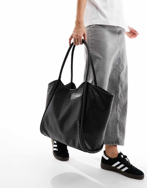 ASOS DESIGN weave tubular tote bag in black