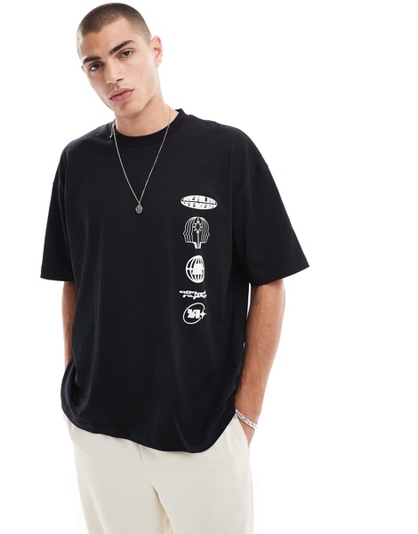 ASOS DESIGN boxy oversized t-shirt with celestial chest and spine print in black