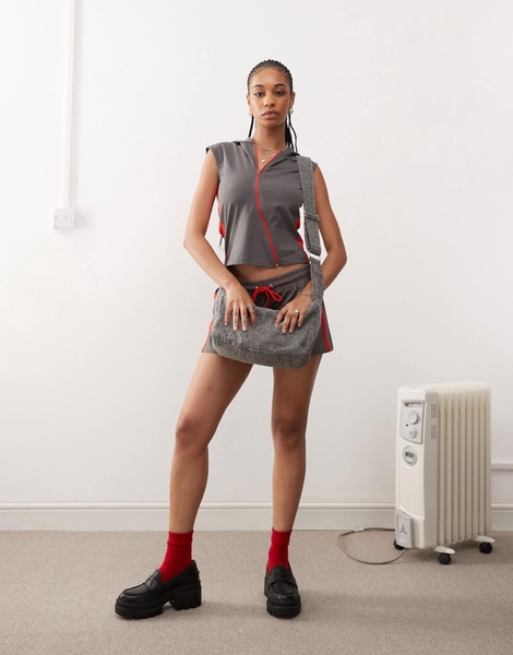 COLLUSION fitted asymmetric zip through hooded moto top with red panel in gray - part of a set