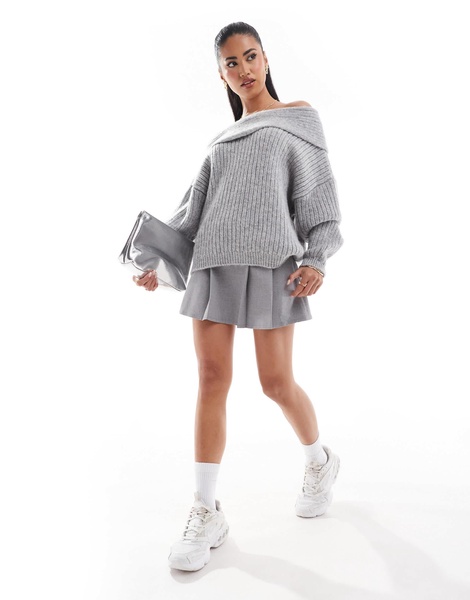 ASOS DESIGN oversized knitted off shoulder sweater in gray