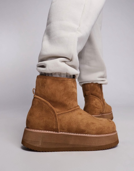 ASOS DESIGN pull on boots in tan faux suede with chunky sole