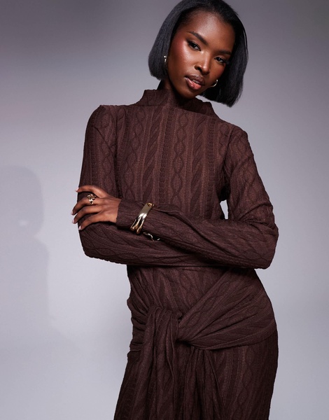 ASOS DESIGN cable knit long sleeve high neck tie waist midi dress in brown