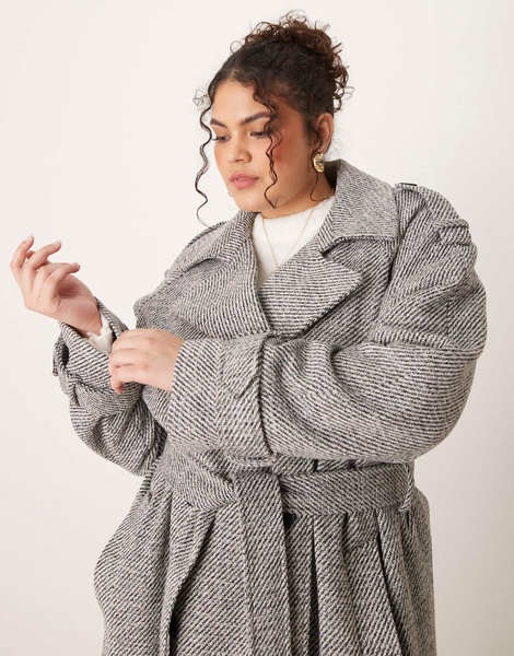 ASOS DESIGN Curve formal faux wool trench coat in salt and pepper