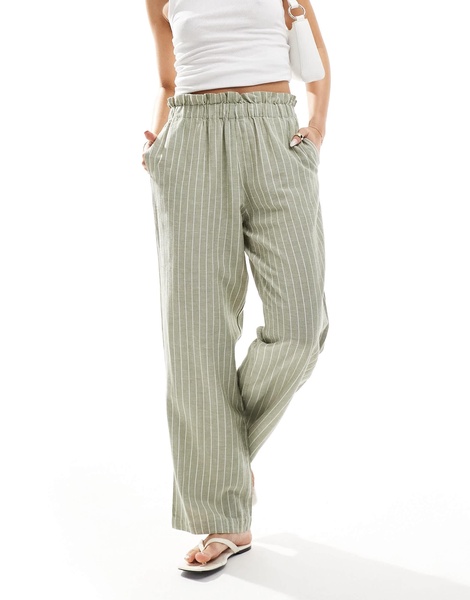 Vila linen mix pinstripe wide leg pants in green