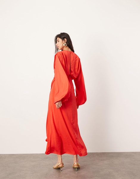 ASOS EDITION satin volume blouson sleeve midi dress in red