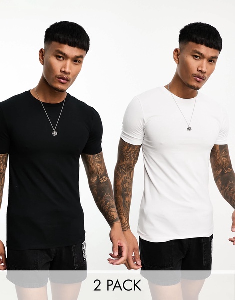 ASOS DESIGN essential 2 pack muscle fit t-shirts in black and white