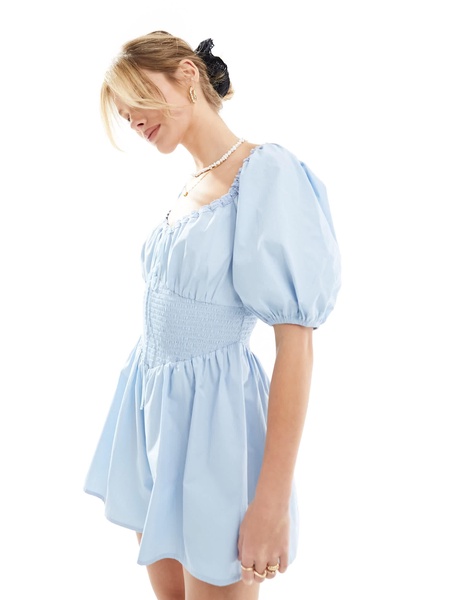 ASOS DESIGN poplin shirred waist balloon sleeve romper with lace neck detail in pale blue