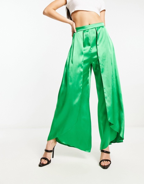 River Island wrap over wide leg satin pants in bright green - part of a set