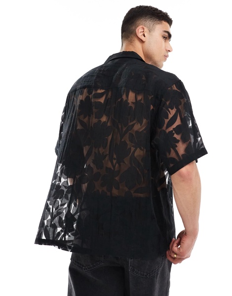 ASOS DESIGN oversized revere shirt in floral burn out in black