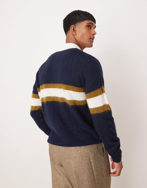 ASOS DESIGN relaxed knitted rugby polo sweater in navy with stripe