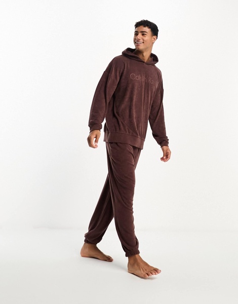 Calvin Klein cozy lounge terrycloth hoodie in deep mahogany