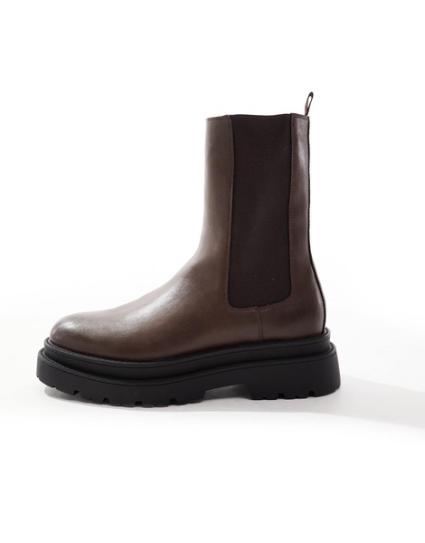 ASOS DESIGN high chelsea boots in brown with chunky sole