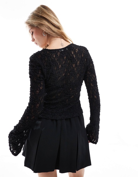 ASOS DESIGN textured lace tie front top in black