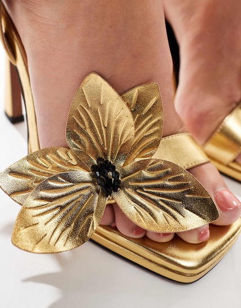 ASOS DESIGN Nettle flower detail high heeled sandals in gold