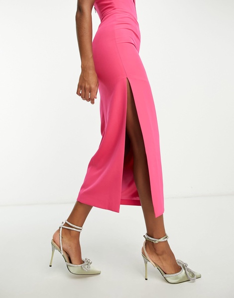 Bardot shaped plunge midaxi dress with split in bright pink