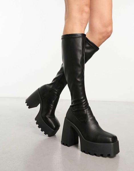 ASOS DESIGN Cara square toe cleated knee boots in black